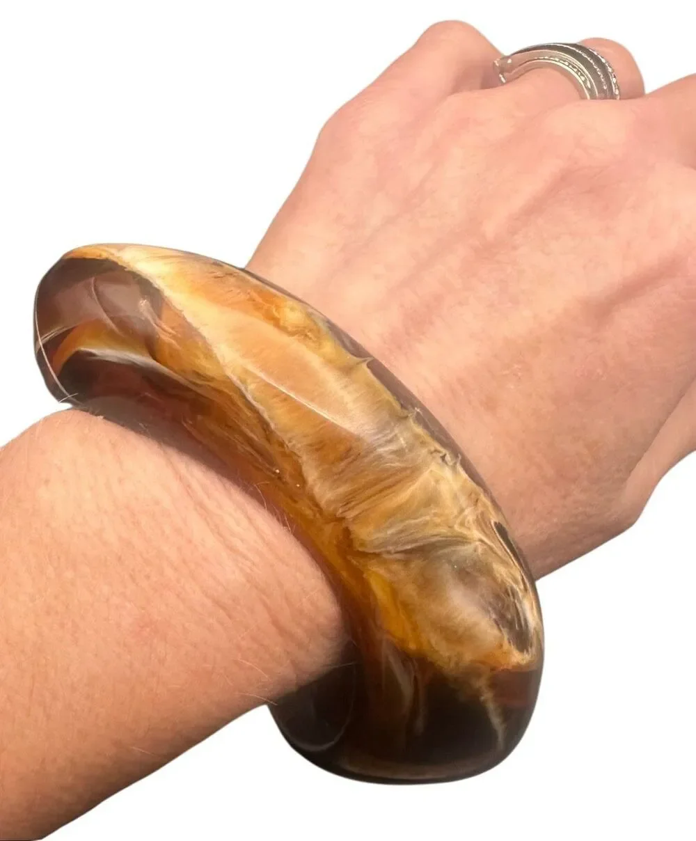 Vintage Marbled Lucite Brown Cream Bangle Bracelet tortoise shell amber